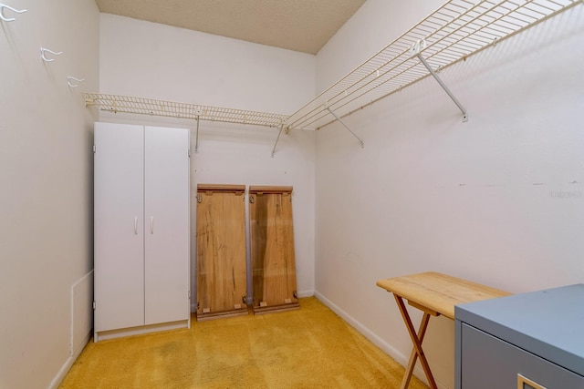 walk in closet featuring light colored carpet