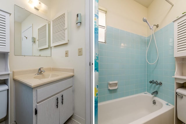 full bath featuring toilet, shower / bath combination, and vanity