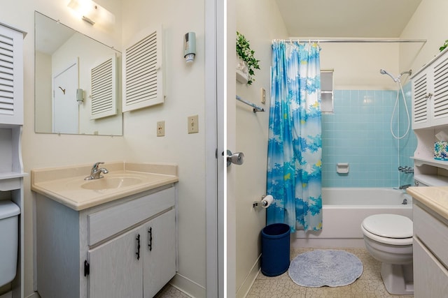 full bath with toilet, shower / tub combo, baseboards, and vanity