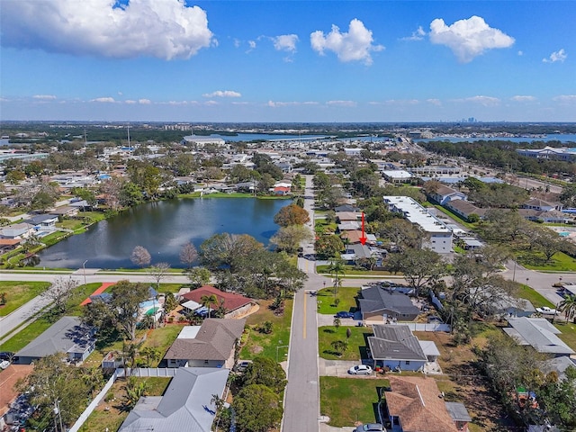 aerial view featuring a water view and a residential view