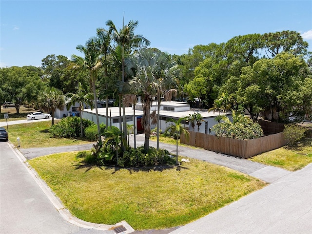 surrounding community with fence and a yard