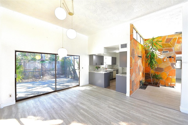 interior space featuring a sink, light wood-style floors, light countertops, gray cabinets, and a wealth of natural light