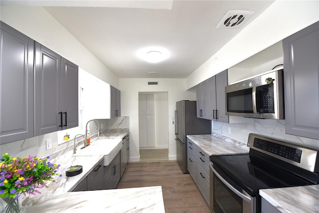 kitchen with a sink, light wood-style floors, appliances with stainless steel finishes, gray cabinets, and backsplash