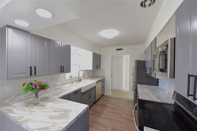 kitchen featuring a peninsula, a sink, appliances with stainless steel finishes, backsplash, and light wood finished floors