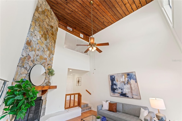 living area with high vaulted ceiling, wooden ceiling, a fireplace, wood finished floors, and a ceiling fan