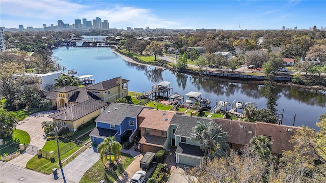 drone / aerial view featuring a water view