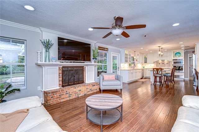 living room with ornamental molding, a fireplace, dark wood finished floors, and a textured ceiling