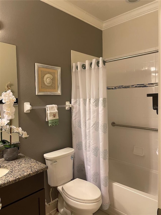 bathroom featuring shower / bathtub combination with curtain, vanity, toilet, and crown molding