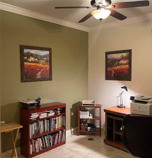 office area featuring ornamental molding, tile patterned flooring, ceiling fan, and baseboards