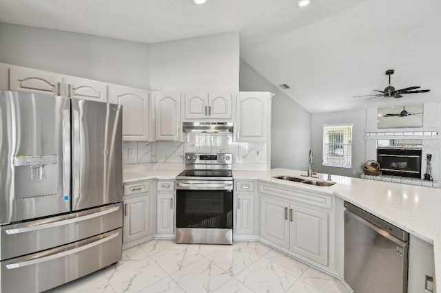 915 Brittany Park Blvd, Tarpon Springs, FL 34689 - kitchen with appliances with stainless steel finishes, a sink, lofted ceiling, under cabinet range hood, and light marble finish flooring
