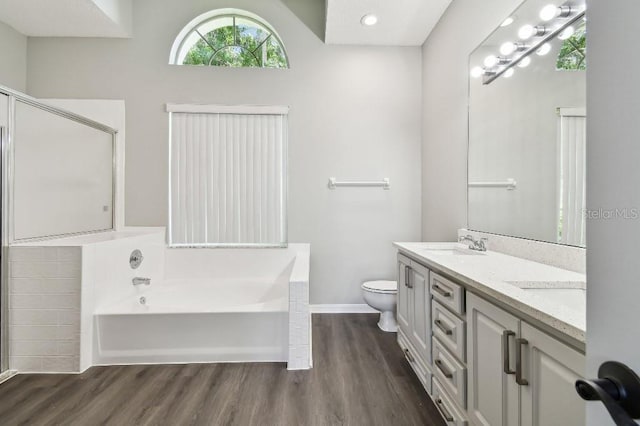 915 Brittany Park Blvd, Tarpon Springs, FL 34689 - bathroom with a bath, wood finished floors, double vanity, toilet, and a shower with shower door