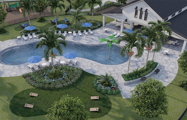 community pool with a patio area, fence, a lawn, and ceiling fan