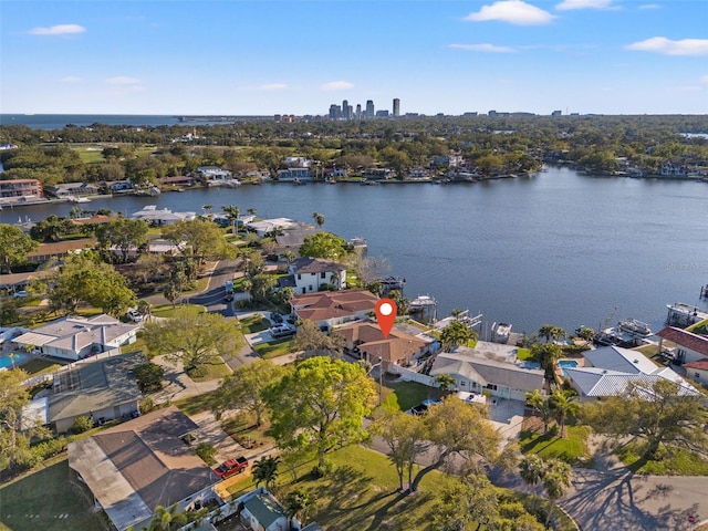 bird's eye view with a water view