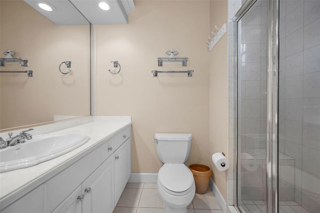 bathroom with a stall shower, tile patterned flooring, vanity, and toilet