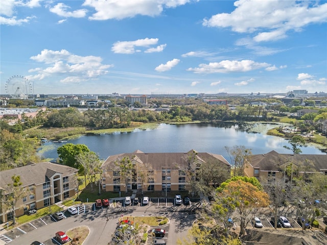 bird's eye view with a water view