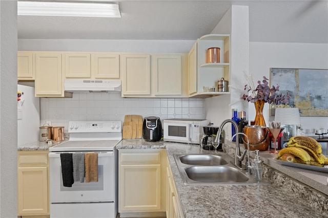 kitchen with white appliances, a sink, light countertops, under cabinet range hood, and backsplash