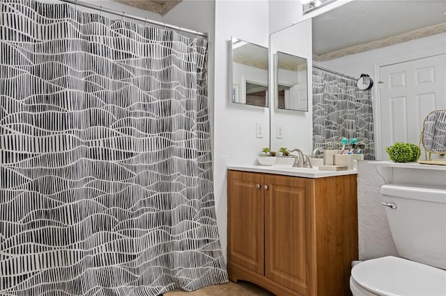 bathroom featuring curtained shower, a heating unit, vanity, and toilet