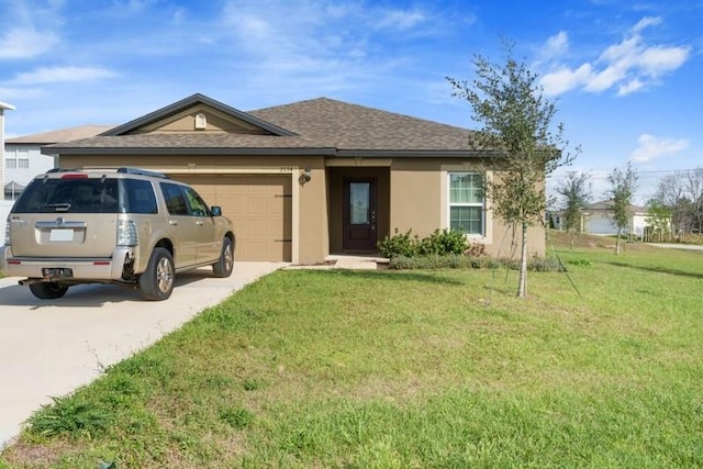 ranch-style home featuring driveway, a garage, a shingled roof, a front lawn, and stucco siding