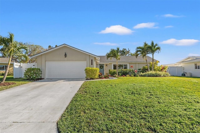 single story home featuring a front lawn, fence, stucco siding, a garage, and driveway