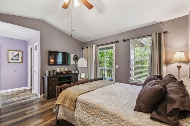 bedroom with baseboards, lofted ceiling, ceiling fan, dark wood-type flooring, and access to outside