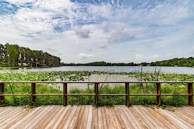 wooden terrace featuring a water view