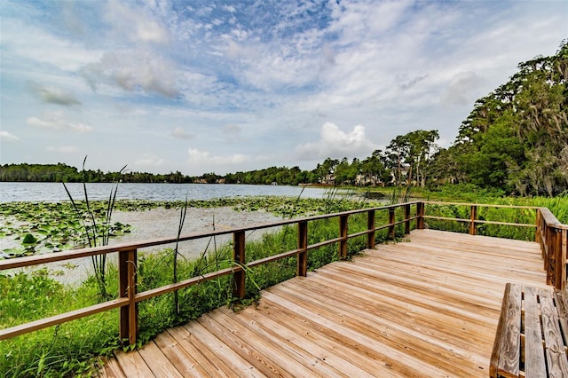 deck featuring a water view