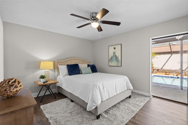 bedroom featuring a ceiling fan, access to outside, baseboards, and wood finished floors