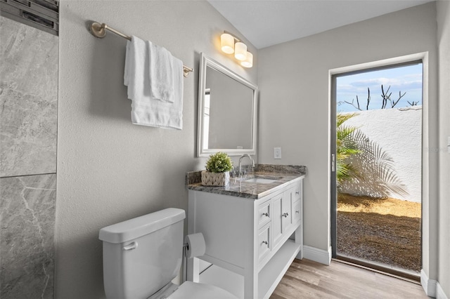 bathroom featuring toilet, wood finished floors, vanity, and baseboards