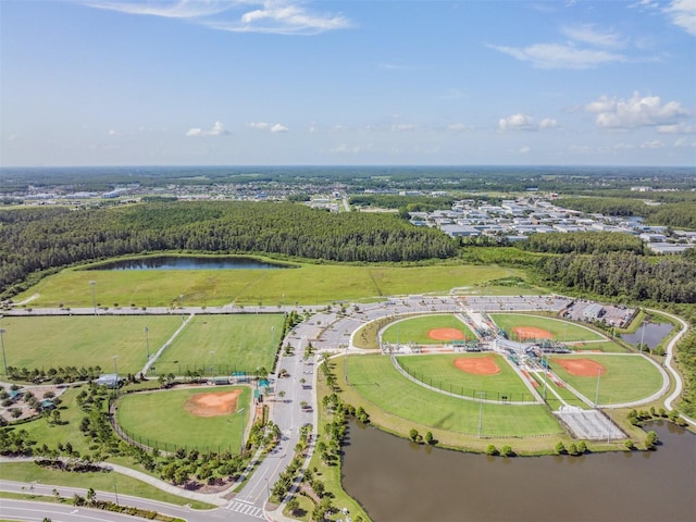 bird's eye view with a water view