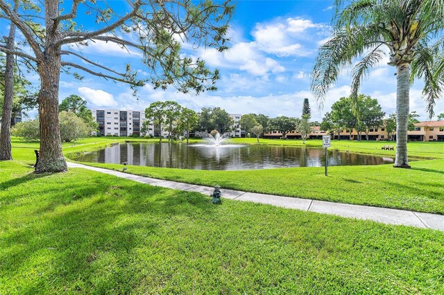 view of property's community with a water view and a lawn