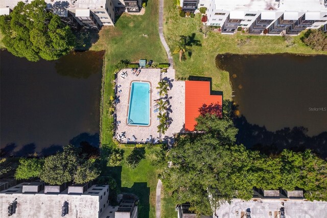 drone / aerial view featuring a water view