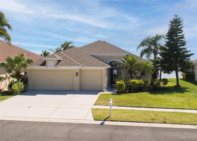 view of front of property featuring a garage, driveway, roof with shingles, a front lawn, and stucco siding