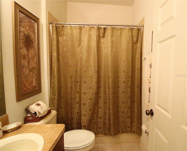 full bath with toilet, a shower with curtain, tile patterned flooring, and vanity