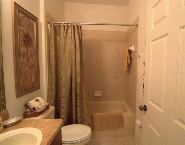 full bathroom with toilet, shower / bath combo, vanity, and tile patterned floors