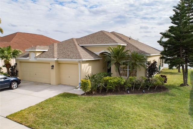 view of front of house with roof with shingles, stucco siding, concrete driveway, an attached garage, and a front lawn