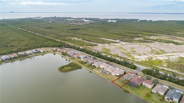 drone / aerial view featuring a water view