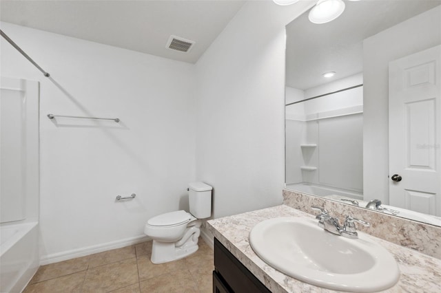 full bath featuring visible vents, baseboards, toilet, tile patterned flooring, and vanity