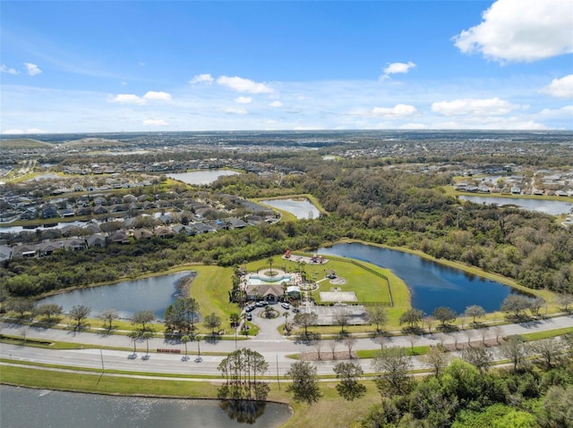 bird's eye view with a water view