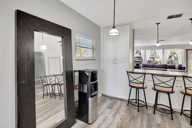 4716 Gazania St, New Port Richey, FL 34652 - kitchen with visible vents, open floor plan, decorative light fixtures, light wood-style floors, and white cabinetry