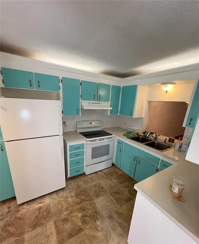 kitchen with under cabinet range hood, white appliances, a sink, light countertops, and decorative backsplash