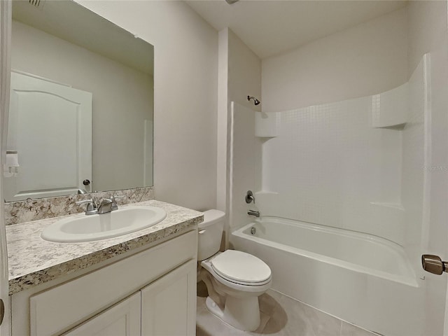 full bath featuring toilet, tile patterned floors, shower / washtub combination, and vanity