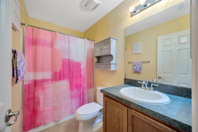 bathroom featuring curtained shower, tile patterned flooring, toilet, visible vents, and vanity