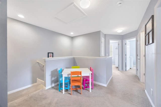 playroom with recessed lighting, carpet flooring, attic access, and baseboards