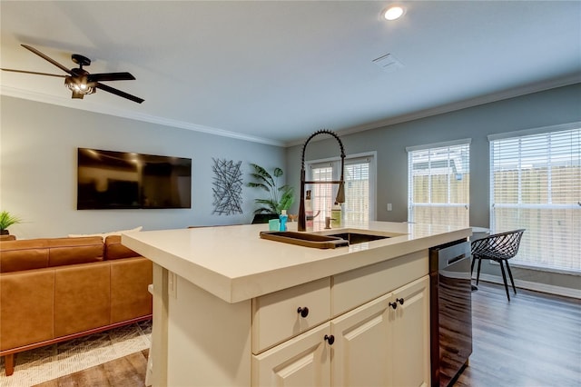 kitchen with crown molding, light countertops, open floor plan, a kitchen island with sink, and a sink