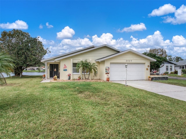 single story home with a garage, concrete driveway, and a front lawn