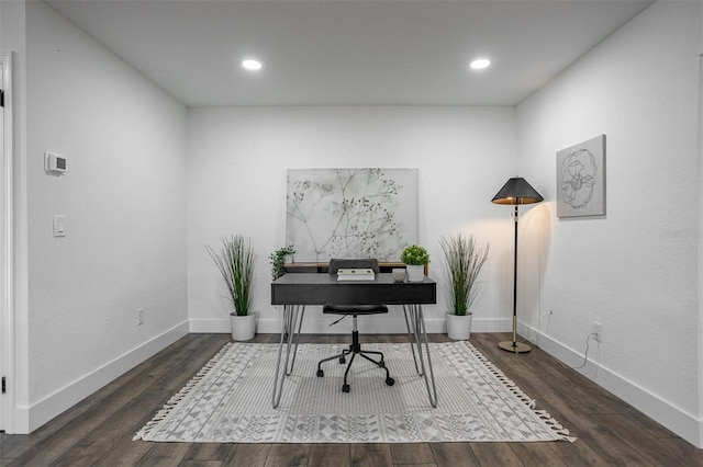 home office featuring recessed lighting, baseboards, and wood finished floors