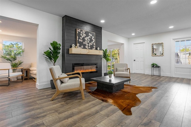 living area with a large fireplace, baseboards, wood finished floors, a textured ceiling, and recessed lighting