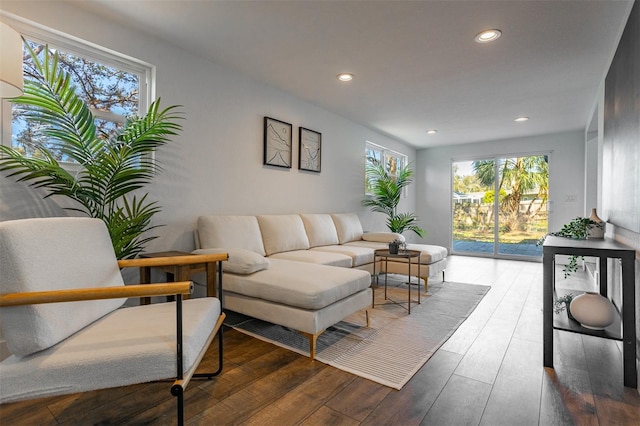 living room with recessed lighting and wood finished floors