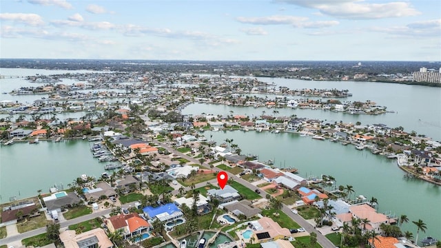 aerial view with a water view and a residential view