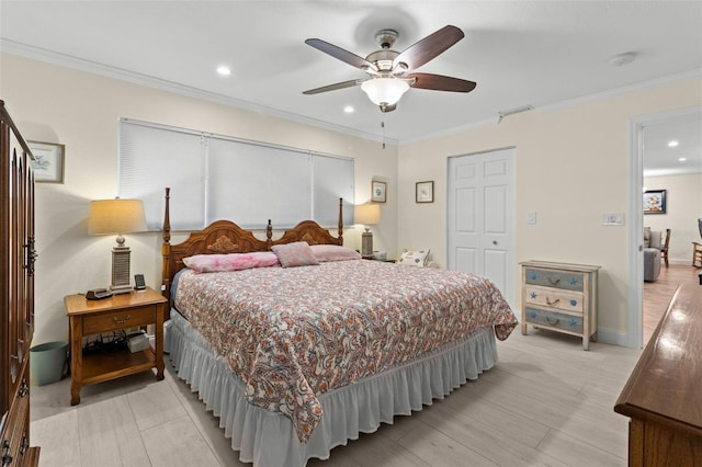 bedroom featuring recessed lighting, a ceiling fan, and crown molding